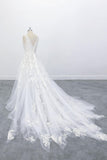 Deep V Plunge Beach Wedding Dress Tulle Skirt Lace Wedding Dress With V Back OKU70