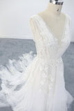 Deep V Plunge Beach Wedding Dress Tulle Skirt Lace Wedding Dress With V Back OKU70