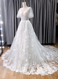 Vintage A Line V Neck Lace Wedding Dress With Flutter Sleeves OK1901