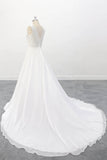 Illusion Boho Wedding Dress with Floral Lace Appliques  Lace Top Wedding Dress With V Back OKU93