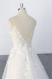 A-line Spaghetti Straps Lace Appliques Tulle Wedding Dress with V Neckline OKU69