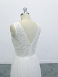 Boho Lace Applique Beading V Neck Backless A-line Skirt Wedding Dress OKU67