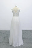 Boho Lace Applique Beading V Neck Backless A-line Skirt Wedding Dress OKU67