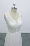 Boho Lace Applique Beading V Neck Backless A-line Skirt Wedding Dress OKU67