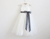 Light Ivory Lace Tulle Long Sleeveless Flower Girl Dresses With Dark Grey Sash/Bows OK212