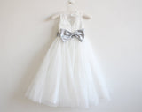 Light Ivory Lace Tulle Sleeveless Long Flower Girl Dresses With Silver Sash/Bowss OK214