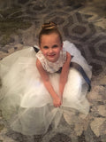 Light Ivory Lace Tulle Long Sleeveless Flower Girl Dresses With Dark Grey Sash/Bows OK212