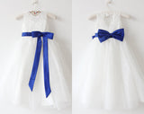 Light Ivory Lace Tulle Flower Girl Dresses With Royal Blue Sash/Bows Sleeveless Floor-length OK215