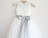 Light Ivory Lace Tulle Sleeveless Long Flower Girl Dresses With Silver Sash/Bowss OK214