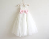 Ivory Lace Tulle Ivory Flower Girl Dresses With Pink Sash/Bows Sleeveless Floor-length OK207