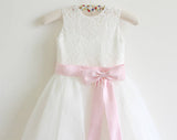 Ivory Lace Tulle Ivory Flower Girl Dresses With Pink Sash/Bows Sleeveless Floor-length OK207