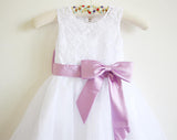 White Lace Lilac Baby Girls Dress, Tulle Flower Girl Dress With Lilac Sash OK203