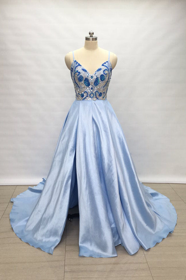 Spaghetti Straps Light Sky Blue Satin Long Prom Dress with Slit OKW4