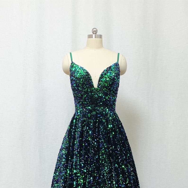 A-line Sequin Prom Dress Spaghetti Straps Forest Green Long Evening Dress OKW6