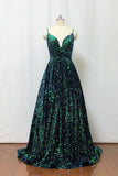 A-line Sequin Prom Dress Spaghetti Straps Forest Green Long Evening Dress OKW6