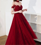 Burgundy High Neck Sheer Shoulder Long Prom Dress Prom Gowns Evening Gowns Girl OKV84