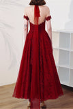 Burgundy High Neck Sheer Shoulder Long Prom Dress Prom Gowns Evening Gowns Girl OKV84