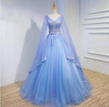 Medieval Long Sleeve Blue Appliques Ball Gown Prom Dresses Quinceanera Dresses OKU98