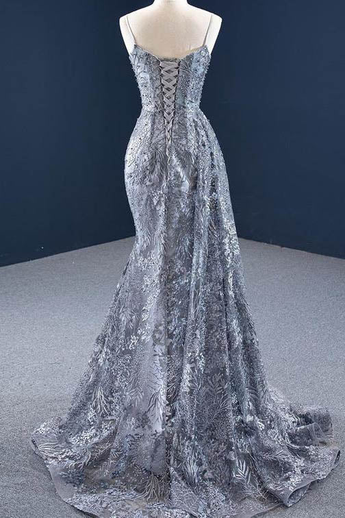 Mermaid Lace Grey Sleeveless Spaghetti Straps Long Formal Evening Dresses OKU97