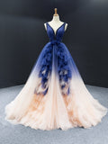 Ombre A-line Pleated Ruffles Beach Boho Prom Gowns Beading Evening Dresses OKU99