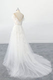 Exquisite off Shoulder Sleeves Lace Appliques Tulle Wedding Dresses with Illusion Neckline OKU95