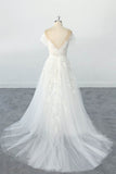 Exquisite off Shoulder Sleeves Lace Appliques Tulle Wedding Dresses with Illusion Neckline OKU95