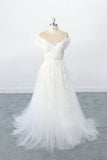 Exquisite off Shoulder Sleeves Lace Appliques Tulle Wedding Dresses with Illusion Neckline OKU95