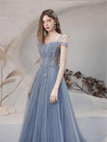 Blue A-line Tulle Prom Dress for Women Long Evening Dress Graduation Dress OKV89