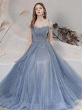 Blue A-line Tulle Prom Dress for Women Long Evening Dress Graduation Dress OKV89