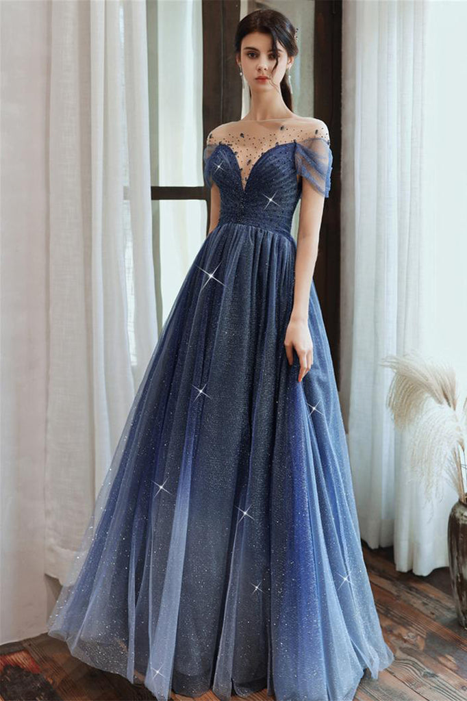 Starry Blue Off Shoulder Floral Event Dress Sparkling Long Prom Dress –  Okdresses