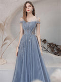 Blue A-line Tulle Prom Dress for Women Long Evening Dress Graduation Dress OKV89