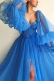 Long Lantern Sleeve Tulle A-line Sky Blue Prom Dress With Slit OKV82