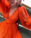 Long Sleeves A-line Deep V Neck Orange Simple Prom Dress Maxi Dress OKV98