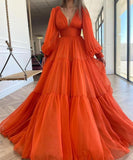 Long Sleeves A-line Deep V Neck Orange Simple Prom Dress Maxi Dress OKV98