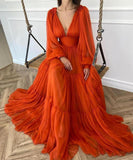 Long Sleeves A-line Deep V Neck Orange Simple Prom Dress Maxi Dress OKV98