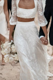 Two Piece A Line Floral Lace Lantern Sleeve Long Beach Wedding Dress OK1563