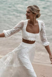 Two Piece A Line Floral Lace Lantern Sleeve Long Beach Wedding Dress OK1563