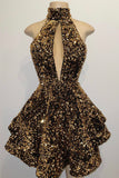 Gold Sequined Halter Keyhole A-Line Short Homecoming Dress OK1527