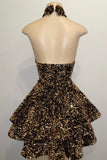 Gold Sequined Halter Keyhole A-Line Short Homecoming Dress OK1527