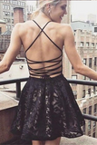 A-Line Deep V-Neck Straps Short Black Lace Homecoming Dresses with Pockets OKA93