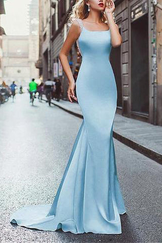 Amazing Prom Dress,Beading Prom Dresses,Satin Prom Dress,Blue Prom Dress,Long Prom Gown,Scoop Prom Dress