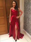 Burgundy Spaghetti Strap Prom Dresses with Slit, Sexy Long Party Dresses OKJ86