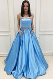 Two Piece A Line Strapless Blue Prom Dresses with Pockets Beading OKI94