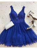 A Line V Neck Tulle Beaded Royal Blue Short Homecoming Dress OKM71