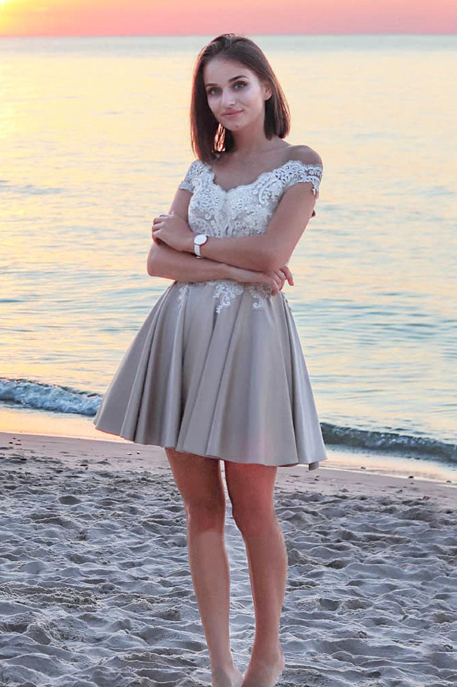 A Line Off the Shoulder White Lace Short Homecoming Dress OKM76
