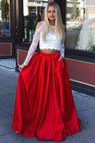 Two Piece Long Sleeves Cold Shoulder Red Long Prom Dresses with White Lace Pockets OKI73