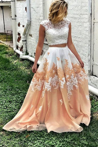 Pretty Two Piece Cap Sleeves A Line Lace Appliques Prom Dress OKG39