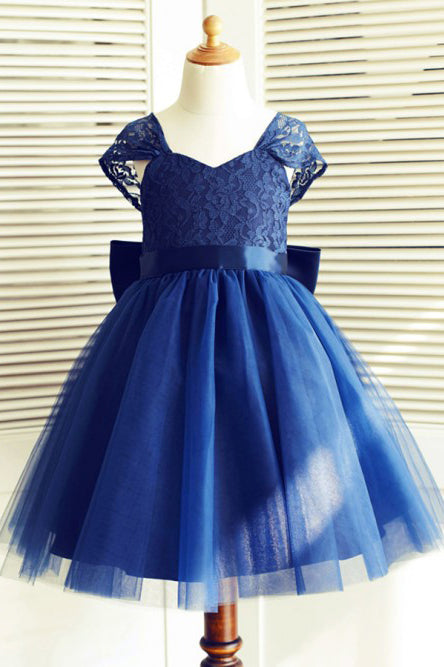 A-Line Square Neck Cap Sleeves Dark Blue Flower Girl Dresses with Lace Bowknot OKP16