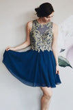 A Line Navy Blue Chiffon Lace Appliques Short Homecoming Dress OKM74