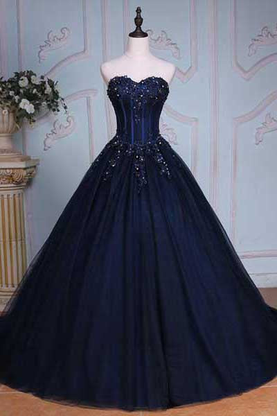 Long Prom Dress,Navy Blue Prom Dresses,Ball Gown Evening Dress,Sweetheart Prom Dresses,Appliques Prom Gown,Ball Gown Prom Dresses